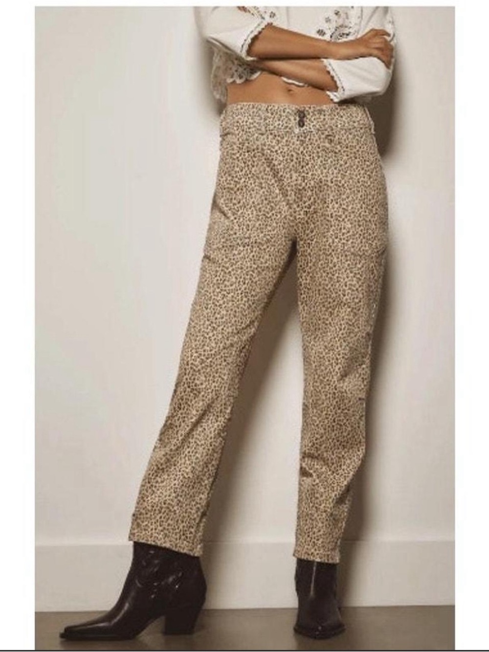 Pilcro Leopard Print Slim Straight Jeans in Beige